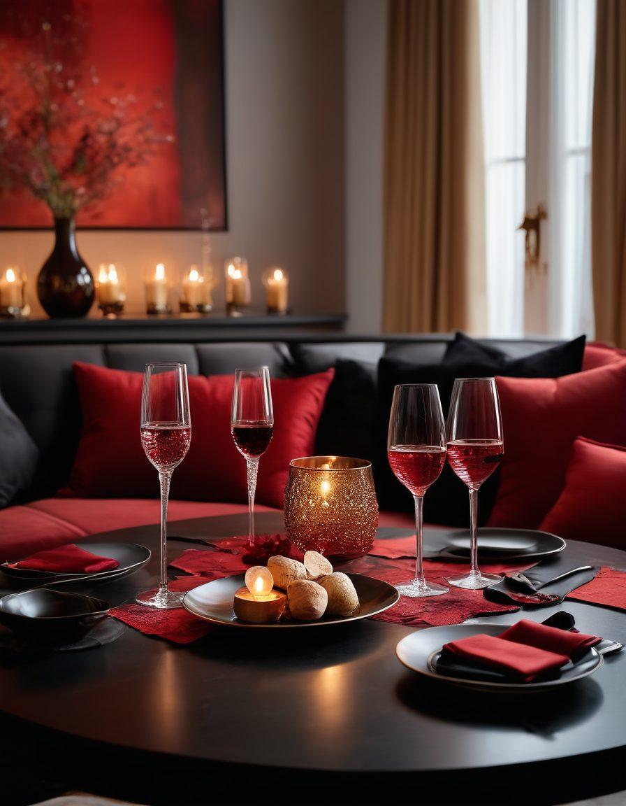 A dimly lit, luxurious living room setting with plush cushions and soft candlelight to create an intimate atmosphere. A tasteful, modern dining table set for an elegant dinner with seductive red and black color palettes. Subtle hints of sensual elements, like silk fabrics and delicate wine glasses, scattered around. A couple flirting in the background, enjoying each other's company, surrounded by tasteful decorative touches. super-realistic. vibrant colors. soft focus.