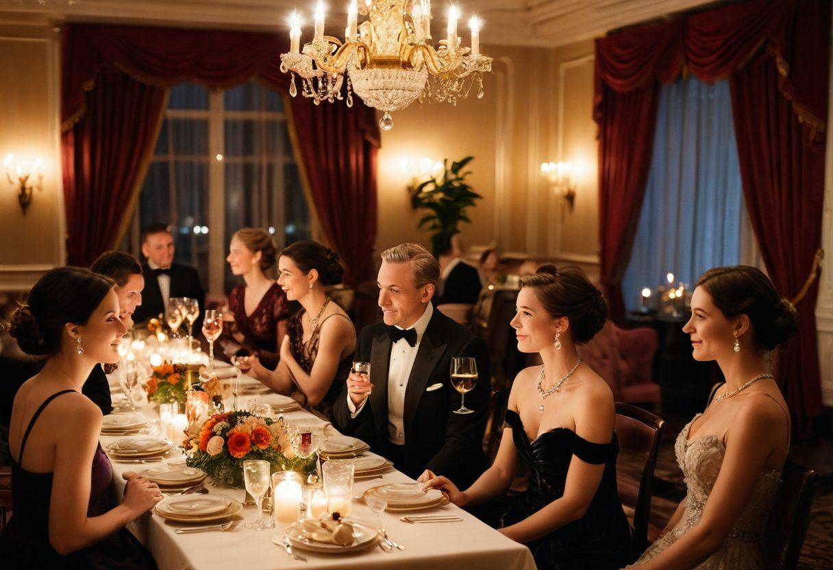 A lavish adult soirée scene with elegantly dressed guests mingling under soft, warm lighting. A beautifully set table adorned with decadent food and luxurious drinks, surrounded by plush furnishings and artful decorations. In the background, a subtle hint of velvet curtains and candles casting a soft glow, creating an intimate atmosphere. The overall mood should evoke sophistication, allure, and memorable connections between guests. vibrant colors. super-realistic.